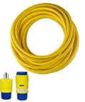 Heavy Duty Yellow 12 Gauge 3 Prong Extension Cord 100 Foot Long With Smart Power Monitor coiled with plug ends visible.