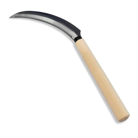 Mini Stainless Steel Serrated Blade Sickle Tool With Wooden Handle For Garden And Outdoor Tasks, 6.5 Inch Blade, Carbon Steel
