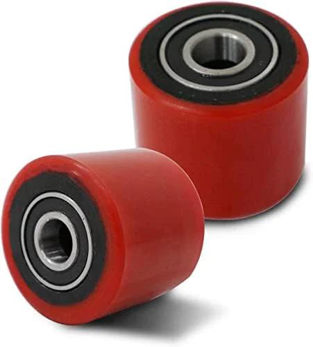 Heavy Duty Red Polyurethane Pallet Jack Wheel Set, 3 Inch Wheel Diameter With 3.7 Inch Hub, 95A Durometer, Sealed Bearings, Pair