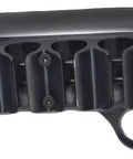 Six Shotshell Sidesaddle Carrier For Mossberg 500 590 Shotguns Beefed Up Aluminum Based Polymer Construction Six Shell Capacity Tactical Shotgun Accessory For 12 Gauge Firearms Ready For Quick Access In The Field mounted on shotgun