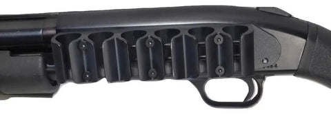 Six Shotshell Sidesaddle Carrier For Mossberg 500 590 Shotguns Beefed Up Aluminum Based Polymer Construction Six Shell Capacity Tactical Shotgun Accessory For 12 Gauge Firearms Ready For Quick Access In The Field mounted on shotgun