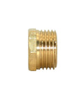 Side view of brass hex reducer bushing, 1/4 in NPT male to 1/2 in NPT female pipe fitting