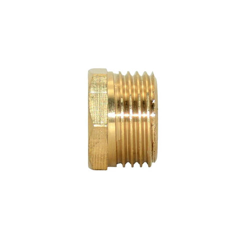 Side view of brass hex reducer bushing, 1/4 in NPT male to 1/2 in NPT female pipe fitting