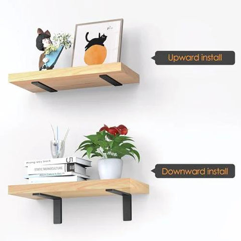 Heavy Duty 10 Inch L Shaped Shelf Brackets 6 Pack Steel Wall Mount Brackets Installed Upward and Downward on Wooden Shelves