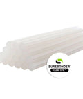 Stack of clear Surebonder glue sticks, full-size All Purpose 10 Inch Hot Glue Sticks For Crafts And DIY All Temperature Clear 5 Pound Box