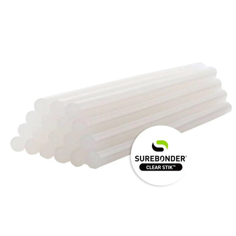 Stack of clear Surebonder glue sticks, full-size All Purpose 10 Inch Hot Glue Sticks For Crafts And DIY All Temperature Clear 5 Pound Box