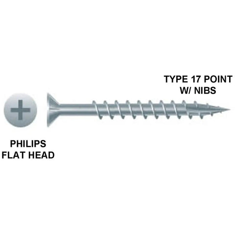 Heavy Duty Flat Head Wood Screws Eight X Two Inch Zinc Coated Steel Fasteners With Type Seventeen Point Nibs For Particle Board Mdf Cabinets Furniture Assembly Ninety Pack image showing a zinc-coated flat head screw with type 17 point.