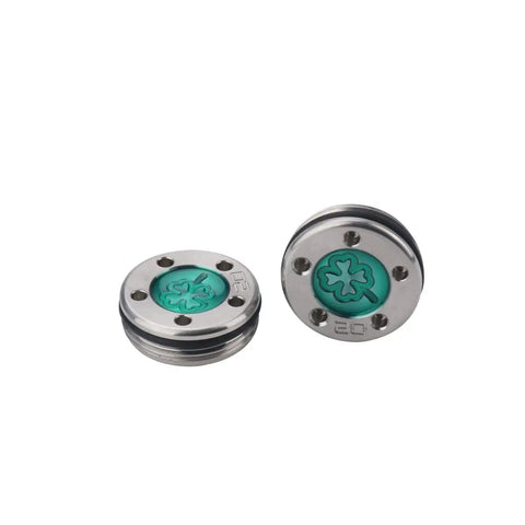 Custom Dope Green Four Leaf Putter Screws And Adjustable Weights 20 Gram Total Setup side view with steel and tungsten materials.