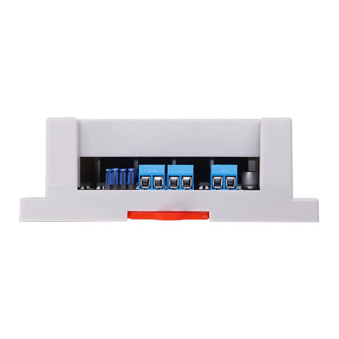 Front view of Optocoupler Isolated GPIO Relay Module, 4 Channel, Dual Mode High And Low Level Trigger, ABS DIN Rail Mount