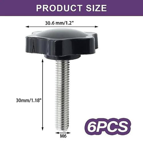 LifCratms black plastic star knob M6x30mm, hex-shaped clamping screw for umbrella bases (6 pcs)