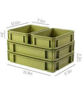 Heavy Duty Stackable Plastic Storage Bin For Kitchen, Bathroom, Office And Camping, Multi Purpose Organizer Tote, Undersink Cabinet Storage, Built To Last With Reinforced Edges, Green 2L And 2S, shown in two sizes with dimensions displayed.