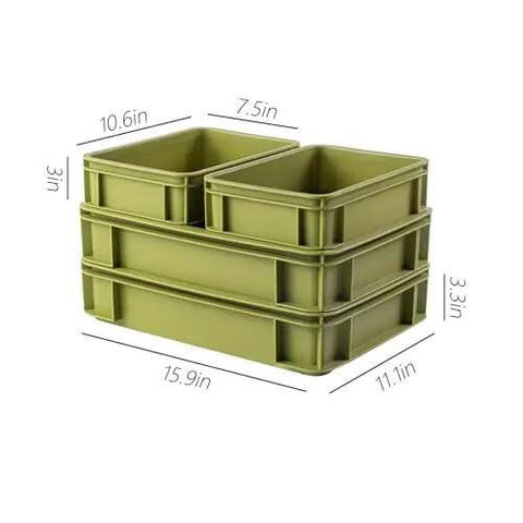 Heavy Duty Stackable Plastic Storage Bin For Kitchen, Bathroom, Office And Camping, Multi Purpose Organizer Tote, Undersink Cabinet Storage, Built To Last With Reinforced Edges, Green 2L And 2S, shown in two sizes with dimensions displayed.
