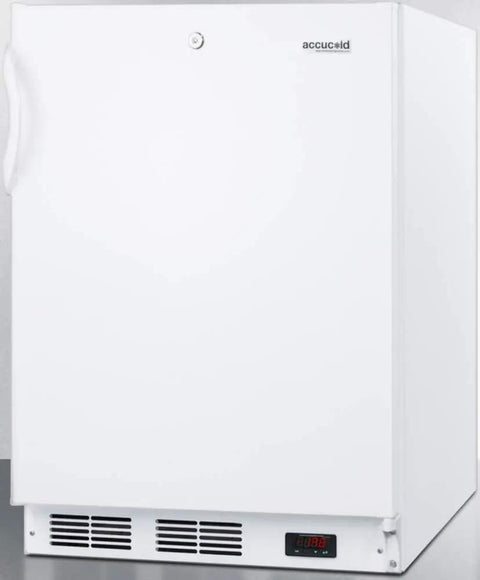 Top Shelf Slim Upright Freezer In Crisp White With Zero Hassle Factory Lock And Smooth Glide Drawers That Keep Samples Frosty Down To Minus Twenty Five Celsius, front view showing digital temperature display.