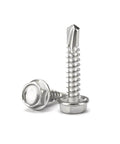 Close-up of 410 stainless steel self drilling hex head screws, part of the Self Drilling Hex Head Screws Set In 410 Stainless Steel Self Tapping Metal Screws Kit With 160 Piece Sheet Metal Assortment For 8 10 12 Size Options DIY Ready Rust Resistant And Easy To Use For Quick Projects.