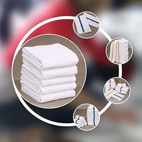 Soft Cotton Blend White Bar Mops For Restaurants And Kitchens 36 Pack With Blue Stripe 84 Percent Cotton 16 Percent Polyester