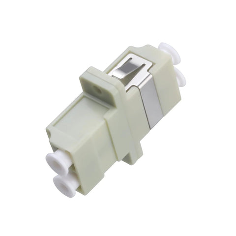 LC To LC Fiber Optic Coupler For Duplex Multimode Cables Connector Adapter Kit 100 Pack in beige, side view.