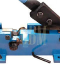 Blue Beefy Heavy Duty 28mm Hand Shear for flat and square cutters, manual metal cutter with removable 59 inch handle, side view.