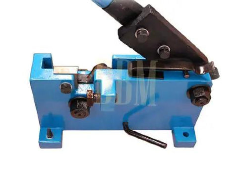 Blue Beefy Heavy Duty 28mm Hand Shear for flat and square cutters, manual metal cutter with removable 59 inch handle, side view.