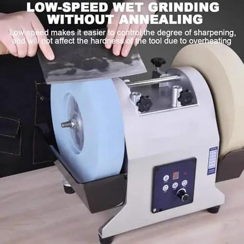 Professional Electric Knife Sharpener And Bench Grinder With Adjustable 90 To 300 Rpm And Water Cooling Tank For Wet Grinding with dual abrasive discs.