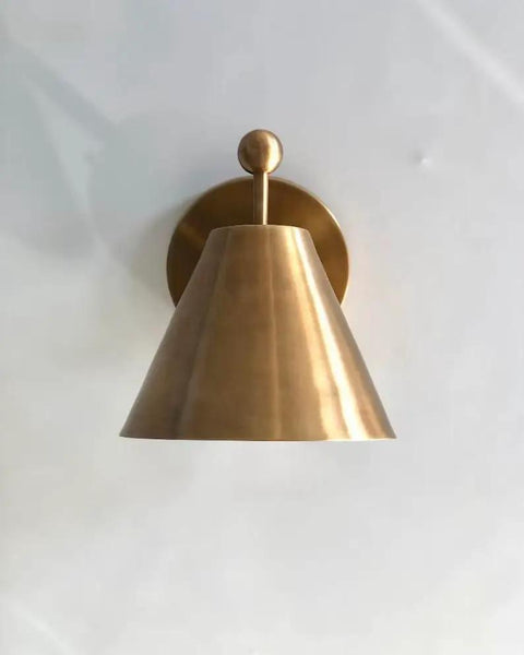 Handcrafted Brass Wall Sconce with Finial Vintage Hardwired Light featuring a cone-shaped brass shade and round finial detail.