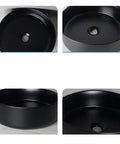 USZWBY Vessel Sinks Nordic Matte Black Round Art Sink top view and side view of ceramic above counter wash basin.