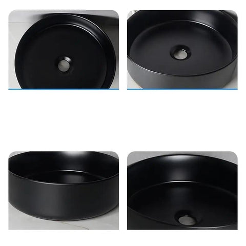 USZWBY Vessel Sinks Nordic Matte Black Round Art Sink top view and side view of ceramic above counter wash basin.