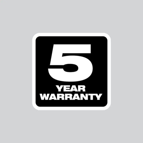 5 year warranty badge for Top Shelf M12 Cordless 3/8 Inch Drive Ratchet Tool With One Point Five Amp Hour Red Lithium Battery Pack.