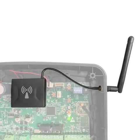 MMS100 Wireless Connectivity System Black for Gate Opener Control from Your Smartphone Anywhere showing antenna and circuit board