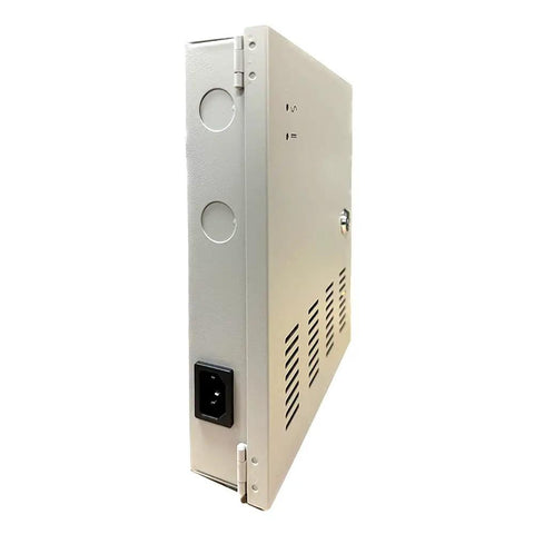 Side view of Beefed Up Nine Channel High Power CCTV Camera Power Distribution Box with lockable panel and LED power status