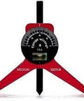 Row of five Flange Wizard 53076-M centering head tools with red tripod legs and black dial gauge, front view