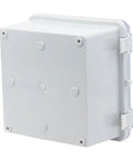 Side view of Built Tough IP67 Waterproof ABS junction box with hinged clear cover, mounting plate, and wall bracket, 5.9 x 5.9 x 3.5 inches