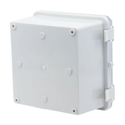 Side view of Built Tough IP67 Waterproof ABS junction box with hinged clear cover, mounting plate, and wall bracket, 5.9 x 5.9 x 3.5 inches