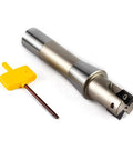 Beefy Indexable End Mill With R8 Shank One Inch Cutting Diameter Five And Twenty Seven Thirty Second Inch Overall Length Ninety Degree Right Hand Cut Two Flutes Carbide Insert Ready AP16 Nickel Plated Includes Two APKT1604 Carbide Inserts with tool