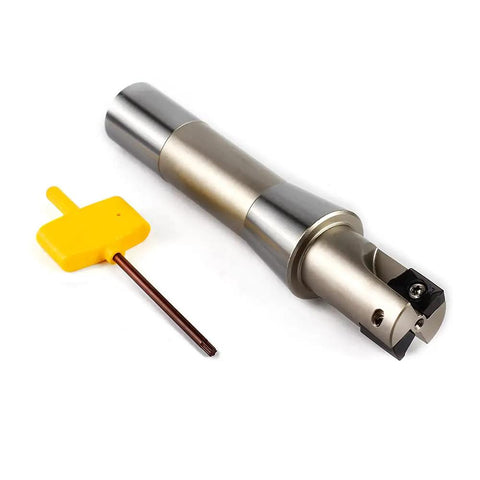 Beefy Indexable End Mill With R8 Shank One Inch Cutting Diameter Five And Twenty Seven Thirty Second Inch Overall Length Ninety Degree Right Hand Cut Two Flutes Carbide Insert Ready AP16 Nickel Plated Includes Two APKT1604 Carbide Inserts with tool