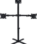 Heavy Duty Floor TV Stand For Triple Displays With Fully Adjustable Arms For 14 To 27 Inch Screens showing black metal frame design.