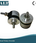 6mm Shaft Rotary Encoder 2000 PPR With Push Pull HTL Line Driver, front and side view, stainless steel and aluminum material