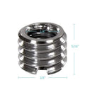 Close-up of Pro-Grade 1/4 Inch To 3/8 Inch Tripod Thread Adapter, heavy-duty metal reducer, detailed measurements visible.