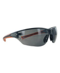 Heavy Hitter Wraparound Safety Glasses With Anti Fog Coating And Impact Resistant Shell, side view with gray lens and orange accents.