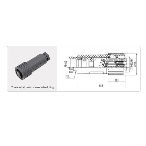 High Performance 7 Pin Female Hydraulic Valve Connector Plug For Proportional Control Valves Featuring Ip67 Rugged Plastic Housing And Din En 175 201 804 Compliance, featuring all metal square valve fitting and detailed dimensions.