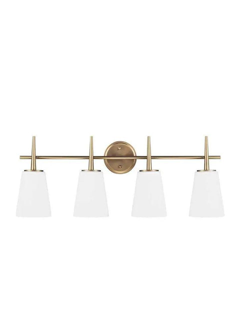 Front view of Driscoll Four Light Vanity Wall Light with cased opal etched glass shades and satin bronze finish for bathrooms