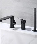 Black Matte Roman Tub Faucet 360 Degree Rotating Spout Deck Mount Hand Shower with sleek design on white surface