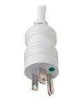 Close-up of NEMA 5-15P-HG plug on medical-grade surge protector power strip, 15 feet cord, UL 60601-1 UL 60950-1 compliant