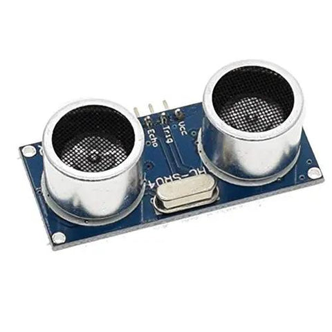 Front view of Ultrasonic Sensor Distance Module Kit 10 Pack For Arduino Uno Mega Nano Robots XBee ZigBee Projects Precise Proximity Measurement Easy Plug And Play Great For DIY Robots Distance Sensing And Obstacle Avoidance showing metal sensor components and pins on a blue circuit board.