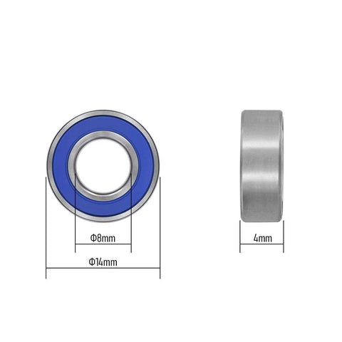 Deep groove ball bearing 8×14×4 mm with blue rubber seal, chrome steel (front and side views)