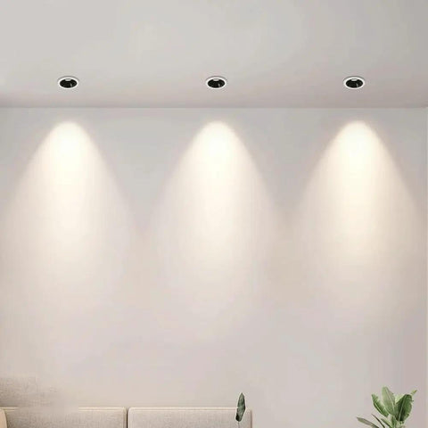 LED Recessed COB Spotlight installed in ceiling, showcasing soft light on wall, ideal for accent lighting.