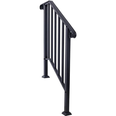Rock Solid Three Step Outdoor Handrail Featuring Smooth Curved Wrought Iron Frame with Heavy Duty Rust Resistant Steel Railing