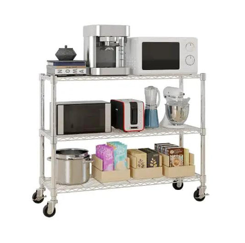 Rock Solid Six Tier Wire Shelving Rack With Wheels Dang Sturdy Heavy Duty Metal Storage Cart Fully Adjustable Steel Frame Rolls Smooth For Garage Pantry No Sweat Organization holding kitchen appliances and storage bins.