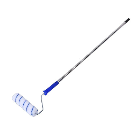 Heavy Duty Paint Roller Kit With Extension Pole Reaches High Ceilings Effortlessly No Ladder Required Smooth chrome extension pole with blue grip.