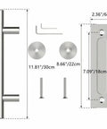 12 Inch Stainless Steel Sliding Barn Door Handle Set With Flush Hardware, Double Sided, showing parts and dimensions.