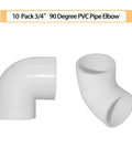 10 Pack Three Quarter Inch 90 Degree PVC Elbow Fittings Schedule 40 Slip Socket To Socket White Pipe Connectors Front View